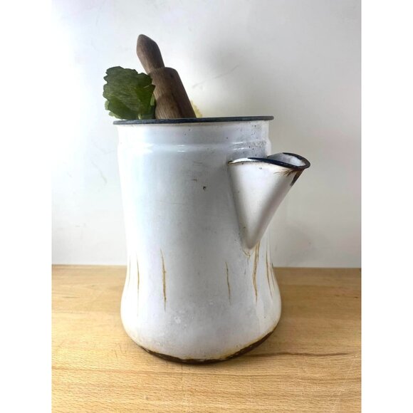 Vintage Enamelware Coffee Pot Pitcher With Rolling Pin Faux Flower Vignette - Picture 5 of 8